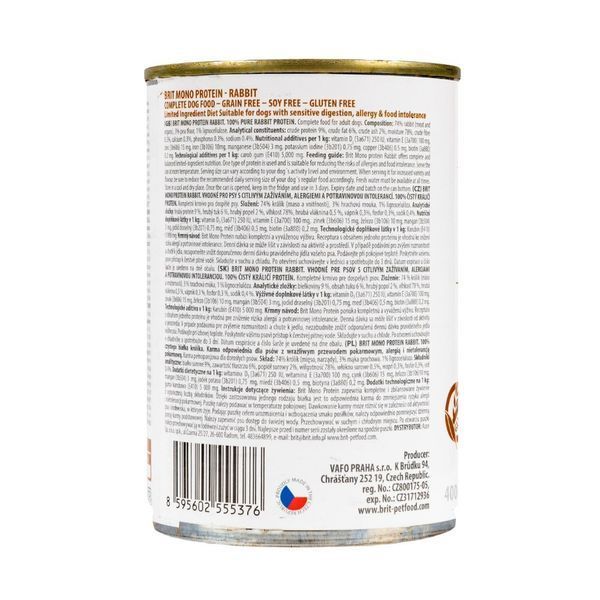 Корм вологий Brit Mono Protein Rabbit для собак з кроликом 400 г 8595602529780 100835/100061/9797 фото