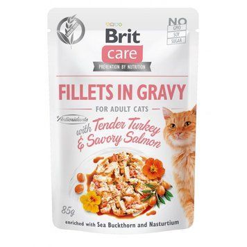 Корм вологий Brit Care Fillets in Gravy Tender Turkey and Savory Salmon для котів філе в соусі з індичкою та лососем 85 г 100528/0501 фото