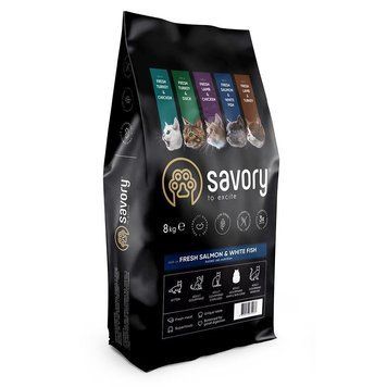 Корм сухий Savory Adult Cat Gourmand Fresh Salmon and White Fish для довгошерстих котів зі свіжим.лососем і білою.рибою 8 кг 30037 фото