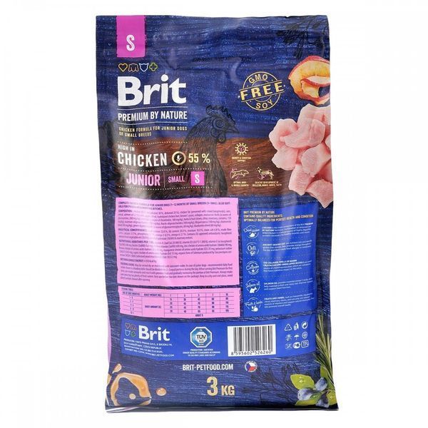 Корм сухий Brit Premium Dog Junior S для молодих собак дрібних порід від 1 до 12 місяців вагою 1-10 кг з куркою 3 кг 8595602526260 170807/6260 фото