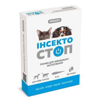 Краплі Provet ІНСЕКТОСТОП для котів та собак від 4 до 6 кг від зовнішніх паразитів на холку 6 піпеток х 0,8 мл PR020026 _1уп.(6пип.) PR020026 _1уп.(6пип.) фото