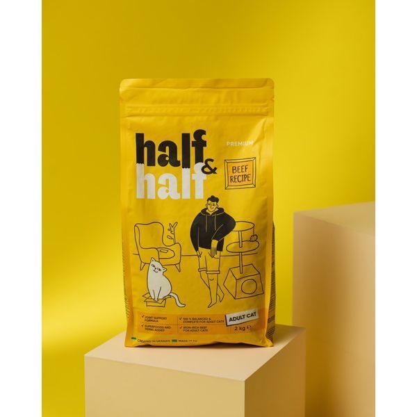 Корм сухий HalfHalf для дорослих котів із яловичиною 2 кг 20840 фото