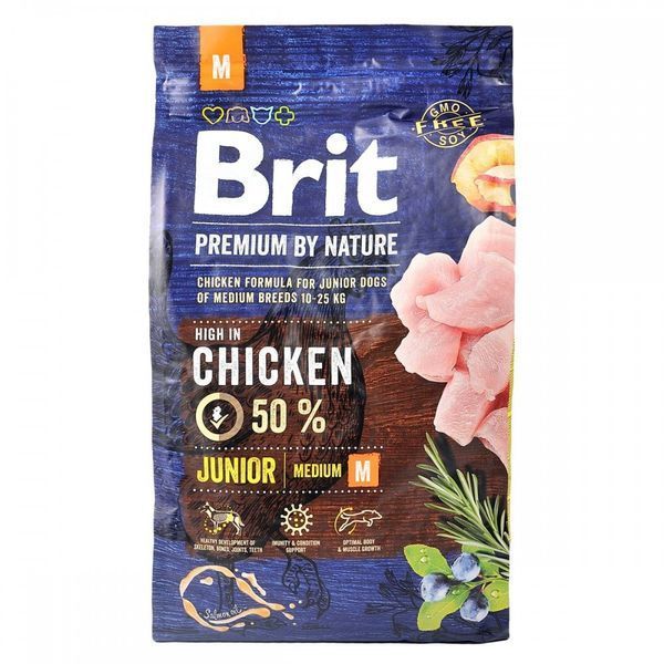 Корм сухий Brit Premium Dog Junior M для цуценят та молодих собак середніх порід від 1 до 12 місяців вагою 10-25 кг з куркою 8595602526321 170813/6321 фото