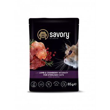 Корм вологий Savory Sterilised Cat Pouch Lamb and Cranberry in Gravy для стерилізованих котів з ягням та журавлиною у соусі 4820261920093 фото