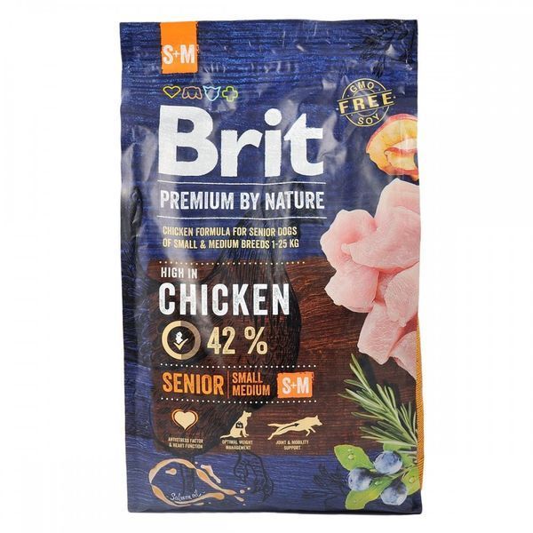 Корм сухий Brit Premium Dog Senior S+M для собак дрібних та середніх порід похилого віку вагою 1-25 кг з куркою 3 кг 8595602526390 170820/6390 фото