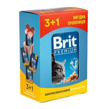 Набір паучів 3+1 Brit Premium Cat Beef Salmon and Trout для котів шматочки в соусі з лососем і фореллю 4х100 г VAFO_030325 фото