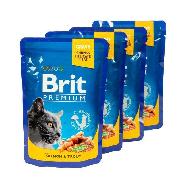 Набір паучів 3+1 Brit Premium Cat Beef Salmon and Trout для котів шматочки в соусі з лососем і фореллю 4х100 г VAFO_030325 фото
