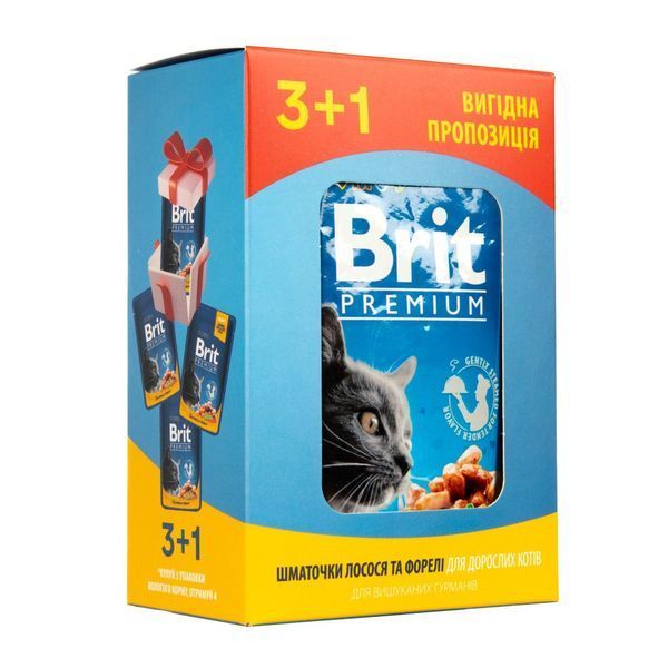 Набір паучів 3+1 Brit Premium Cat Beef Salmon and Trout для котів шматочки в соусі з лососем і фореллю 4х100 г VAFO_030325 фото