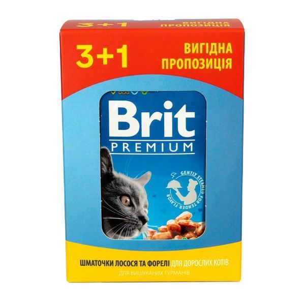 Набір паучів 3+1 Brit Premium Cat Beef Salmon and Trout для котів шматочки в соусі з лососем і фореллю 4х100 г VAFO_030325 фото