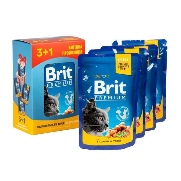 Набір паучів 3+1 Brit Premium Cat Beef Salmon and Trout для котів шматочки в соусі з лососем і фореллю 4х100 г VAFO_030325 фото
