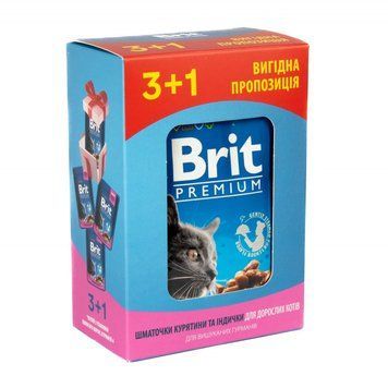 Набір паучів 3+1 Brit Premium Cat Chicken and Turkey для котів шматочки в соусі з куркою та індичкою 4х100 г VAFO_030332 фото