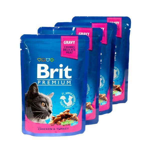 Набір паучів 3+1 Brit Premium Cat Chicken and Turkey для котів шматочки в соусі з куркою та індичкою 4х100 г VAFO_030332 фото