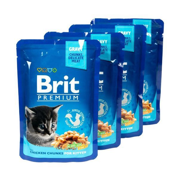 Набір паучів 3+1 Brit Premium Kitten Chicken Chunks для кошенят шматочки в соусі з куркою 4х100 г VAFO_030349 фото