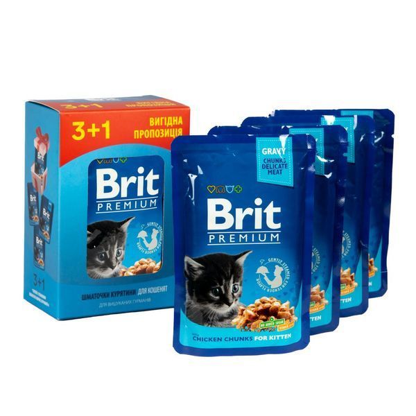 Набір паучів 3+1 Brit Premium Kitten Chicken Chunks для кошенят шматочки в соусі з куркою 4х100 г VAFO_030349 фото