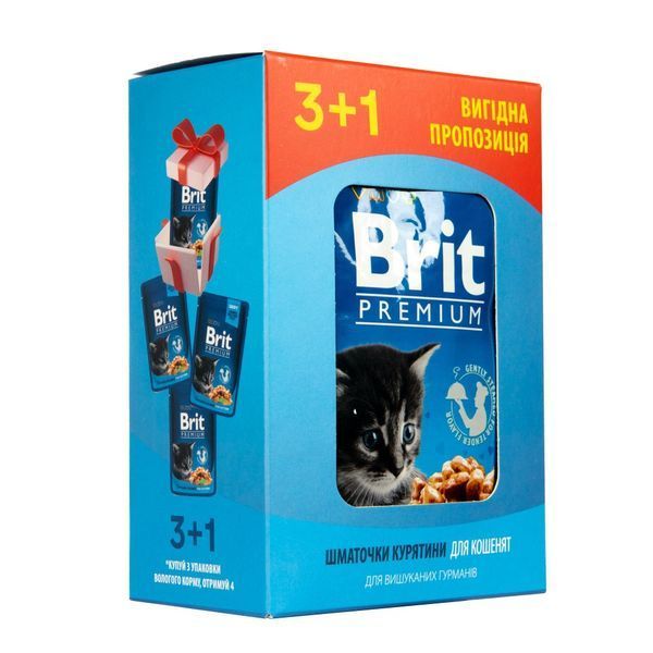 Набір паучів 3+1 Brit Premium Kitten Chicken Chunks для кошенят шматочки в соусі з куркою 4х100 г VAFO_030349 фото