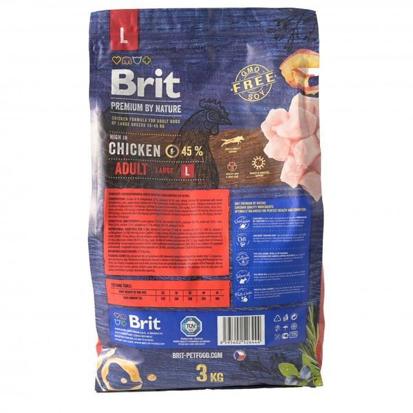 Корм сухий Brit Premium Dog Adult L для дорослих собак великих порід вагою 25-45 кг з куркою 3 кг 8595602526444 170825/6444 фото