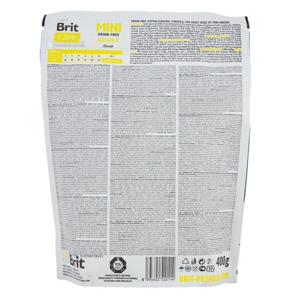 Корм сухий Brit Care Grain Free Mini Adult Lamb для дорослих собах мініатюрних порід з ягням 400 г 8595602520114 170771/0114 фото