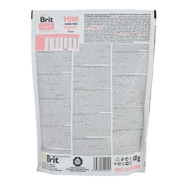 Корм сухий Brit Care Grain Free Mini Puppy Lamb для цуценят та молодих собак мініатюрних порід з ягням 400 г 8595602520145 170774/0145 фото