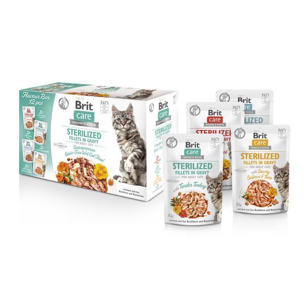 Корм вологий Brit Care Fillets in Gravy Flavour box Sterilized для стерилізованих котів філе в соусі набір смаків 12 х 85 г 101048 фото