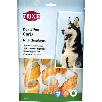 Ласощі Trixie Denta Fun Chicken Chewing Curls для собак Палички для чищення зубів сиром'ятна шкіра з куркою 15 см 110 г 3 шт 4011905314730 31473***** фото