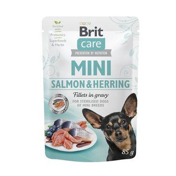 Корм вологий Brit Care Mini для дорослих собак мініатюрних порід філе з лососем та оселедцем в соусі 85 г 8595602560332 100914/100219/4449 фото