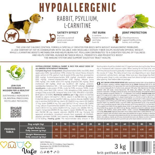 Корм сухий Brit Care Dog Hypoallergenic Weight Loss для собак із зайвою вагою гіпоалергенний з кроликом 1 кг 8595602559183 8595602559183 фото