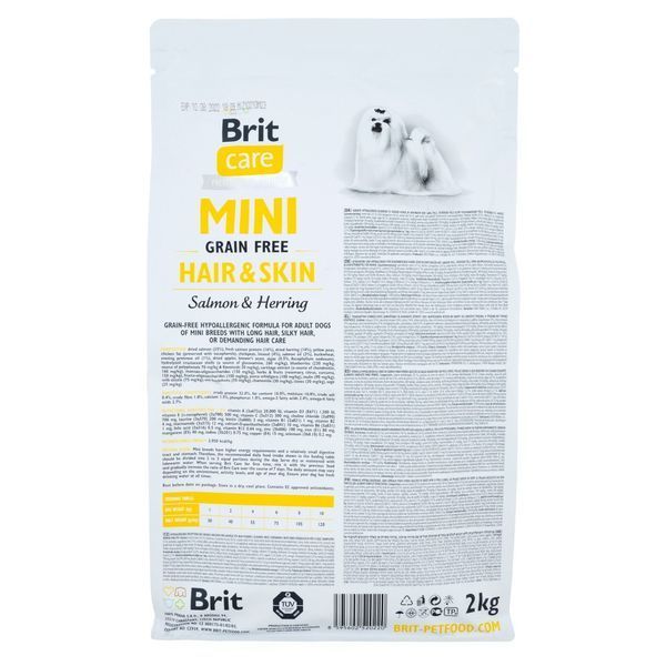 Корм сухий Brit Care Grain Free Mini Hair and Skin для дорослих собак мініатюрних порід для шкіри та шерсті з лососем та оселедцем 8595602520220 170782/0220 фото
