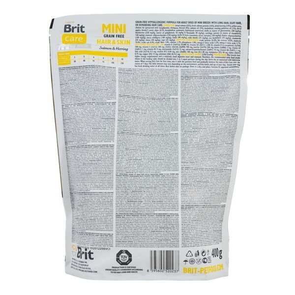Корм сухий Brit Care Grain Free Mini Hair Skin для собак мніатюрних порід для шкіри та шерсті з лососем та оселедцем 400 г 8595602520237 170783/0237 фото