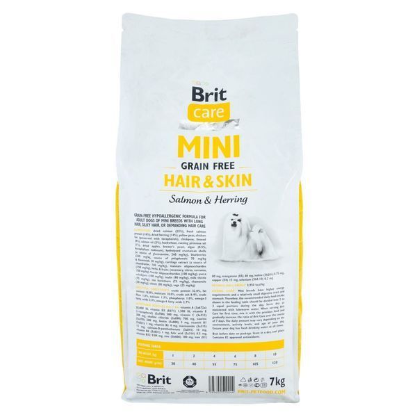 Корм сухий Brit Care Grain Free Mini Hair Skin для собак мніатюрних порід для шкіри та шерсті з лососем та оселедцем 7 кг 8595602520244 170784/0244 фото