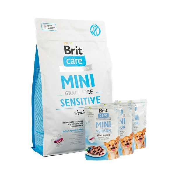 НАБІР Корм сухий Brit Care Mini GF Sensitive для собак малих порід з чутливим травленням оленина 2 кг + 3 паучи 85 г VAFO_49440 фото