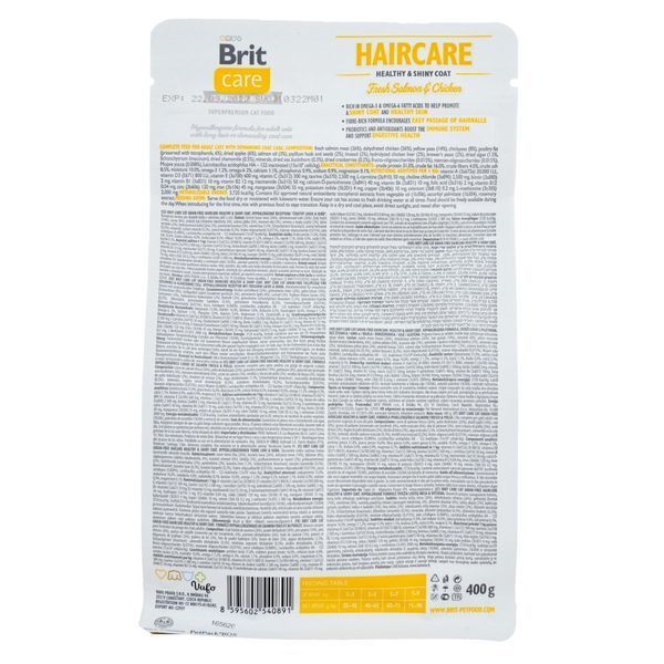 Корм сухий Brit Care Cat Grain Free Haircare Healthy and Shiny Coat для котів догляд за шкірою і шерстю лосось та курка 400г 171307/0891 фото