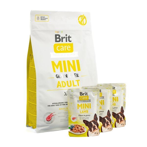 Набір Корм сухий Brit Care Mini GF Adult Lamb для собак малих порід ягня 2 кг +3 паучи 85 г VAFO_49426 фото